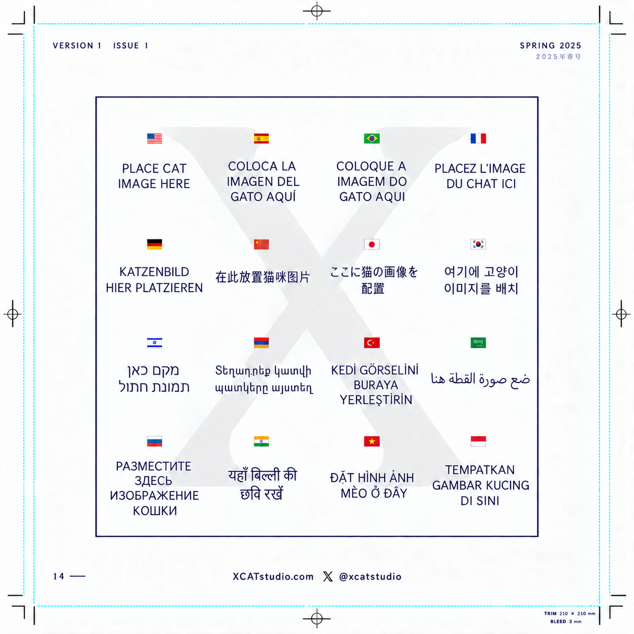 XCAT Studio print artwork featuring a large X and cat image placeholders in sixteen languages.
